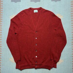 Vintage 1970s wool alpaca sweater cardigan v neck distressed red golf XL tall
